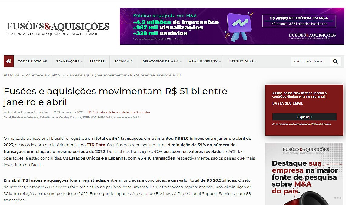 Fuses e aquisies movimentam R$ 51 bi entre janeiro e abril